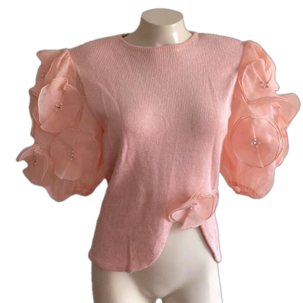 𝅺LIZ SHELDON VTG floral puffy sleeves   TOP / sweater SMALL Made in USA